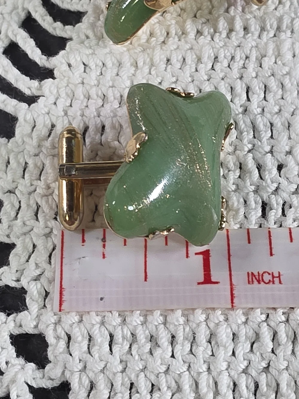 Vtg Swank Cufflink~Murano Chrystal Jade Green~Gold Striations Biomorphic~MCM
